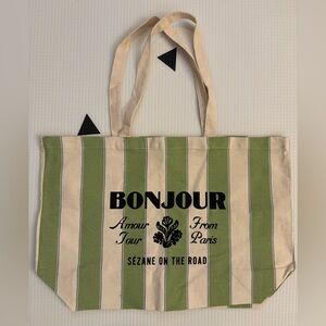 Sezane Bonjour Green and Cream White Striped Tote Bag — Brand New